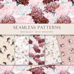 Carta digitale per acquerello con fiori boho, motivo senza cuciture con peonia bordeaux rosa antico per tessuto, motivo bouquet per scrapbooking digitale 009