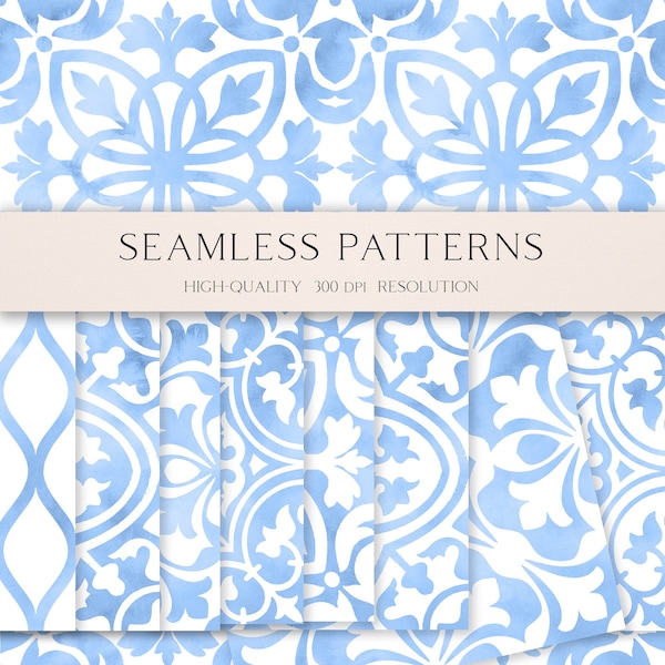 Blue mosaic tiles repeat pattern, Spanish tiles geometric pattern, mediterranean seamless paper azulejo  056