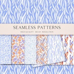 May include: A set of six seamless patterns featuring abstract animal print designs in shades of blue, orange, and white. The patterns are high-quality and 300 DPI resolution. The text "SEAMLESS PATTERNS" and "HIGH-QUALITY 300 DPI RESOLUTION" is displayed at the top of the image. The text "OLGA.KOELSCH" is displayed at the bottom of the image.