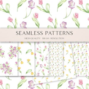 Modello senza cuciture con tulipani primaverili per tessuto, carta digitale floreale rosa e gialla, sfondo floreale botanico per scrapbooking digitale 125