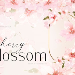 Clipart de fleurs de cerisier. Aquarelle de fleur de sakura png, fleurs roses et cadres dorés pour faire-part de mariage, baby shower 142