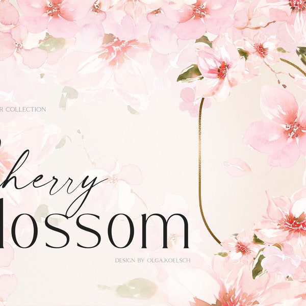 Cherry blossom clipart. Watercolor sakura blossom png, Pink flowers and gold frames for wedding invitation, baby shower 142