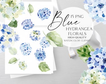 May include: Blue watercolor hydrangea floral clipart set with 15 PNG files. The set includes various hydrangea blooms and leaves in shades of blue, green, and white. The text "Blue Hydrangea Florals High-Quality Watercolor Clipart" is displayed on a white background.