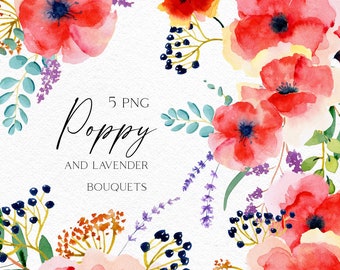 Poppy lavender watercolor floral clipart.  Red flower bouquet clipart for boho wedding invitation.  Summer  meadow flowers PNG 018