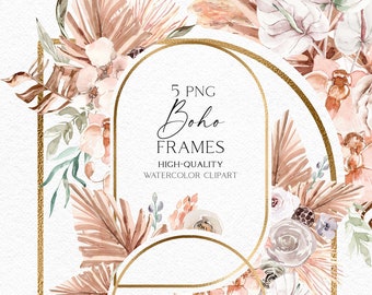 Op de afbeelding: Vijf aquarel boho frames met een gouden rand. De frames zijn versierd met gedroogde palmbladeren, bloemen en groen. De tekst "5 PNG Boho Frames High-Quality Watercolor Clipart OLGA.KOELSCH" is zichtbaar in de afbeelding.