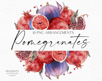 May include: Watercolor illustration of pomegranates and figs. The pomegranates are red and have seeds visible. The figs are purple and have a green stem. The illustration is on a white background. The text "10 PNG ARRANGEMENTS Pomegranates" is at the top of the image. The text "HIGH-QUALITY WATERCOLOR CLIPART" is at the bottom left of the image. The text "OLGA.KOELSCH" is at the bottom right of the image.