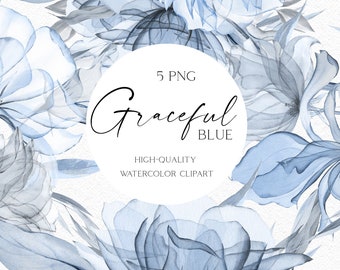 Dusty blue floral clipart, Boho navy blue bouquet watercolor, floral borders png, Baby blue wedding clipart with bouquets png 051