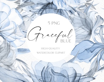 Könnte beinhalten: Aquarell-Clipart mit blauen Blumen auf weißem Hintergrund. Der Text "Graceful Blue" befindet sich in einem Kreis oben im Bild. Der Text "High-Quality Watercolor Clipart" befindet sich unter dem Kreis. Der Text "OLGA.KOELSCH" befindet sich unten im Bild.