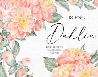 Boho floral clipart, Watercolor dahlia clip art pink flowers, Floral frames clipart borders png for fall wedding, baby shower 064