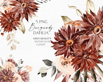 Watercolor burgundy flowers clipart, Boho blush and burgundy bouquets png, Wedding invitation clipart, baby shower making set 076