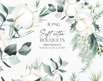 Watercolor cotton clip art,  Eucalyptus bouquet png,  Cotton border design elements for Christmas diy, winter wedding, baby shower 107