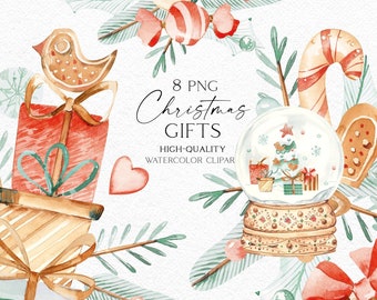 Watercolor Christmas presents clipart, Gift clipart for greeting cards and winter crafts 090