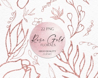 Rose gold glitter floral clipart, Wedding invitation clipart,  gold foil leaf floral elements for social media, girl baby shower  105