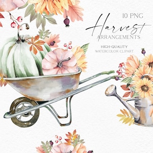 Aquarell Gartenarbeit Clipart, Herbst Kürbis Ernte Clipart, Herbst Bauernhaus, Garten Symbole für Pflanzenmutter Geschenk 065