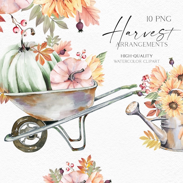 Aquarell Gartenarbeit Clipart, Herbst Kürbis Ernte Clipart, Herbst Bauernhaus, Garten Symbole für Pflanzenmutter Geschenk 065