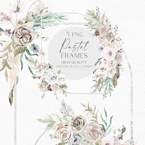 Moldura boho aquarela clipart, Bordas florais brancas png, Logotipo de flores pastel, Clipart de casamento com rosas brancas png 100