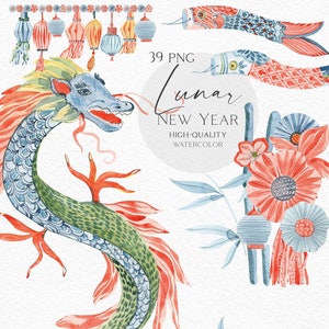 Watercolor Lunar Year Clipart, Chinese lanterns clip art, Chinese Dragoon, Watercolor asian clipart, Japan fish clipart,  maneki-neko 115