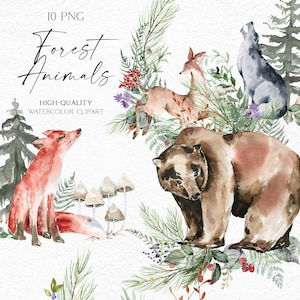 Aquarelle animaux de la forêt clipart, clipart animaux mignons, animaux de la forêt - renard, loup, ours, clipart cerf pour baby shower invite 079