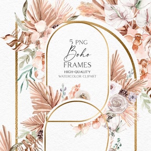 Clipart cadre bohème aquarelle, bordures florales boho palmier png, logo floral séché, clipart aquarelle tropical avec feuilles séchées 100