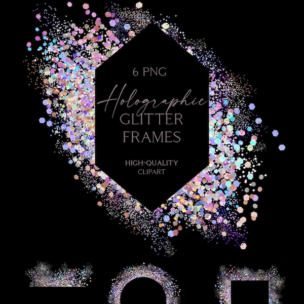 Glitter holographic digital frames, Pastel pink falling glitter borders, Metallic textures png for wedding, wrapping paper, social media 091