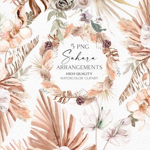 Clipart floral bohème aquarelle, bouquets de palmiers bohèmes png, logo floral séché, clipart aquarelle tropical avec feuilles séchées 100