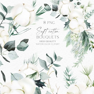 Watercolor cotton clip art,  Eucalyptus bouquet png,  Cotton border design elements for Christmas diy, winter wedding, baby shower 107