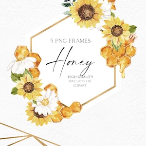 Aquarell Honig Clipart, Sonnenblume Clipart, Blumenrahmen für Honig Logo Design Honigschöpflöffel, Honigwabe, Honigglas Aquarell 072