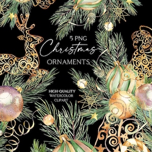 Gold Christmas ornaments clipart, Watercolor Christmas elements for cards craft. Christmas Baubles and pine tree png 074