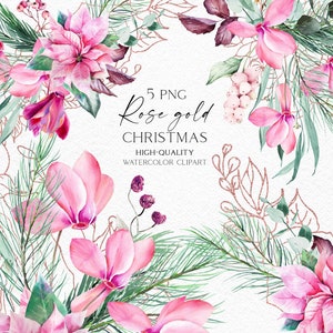 Clipart de buquê de poinsétia rosa aquarela, Poinsétia verdejante de inverno em ouro rosa png, Scrapbooking digital de Natal 075