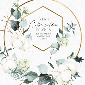Moldura de algodão aquarela clip art, Molduras de eucalipto png, Bordas florais e douradas clipart para Natal diy, casamento de inverno, chá de bebê 107