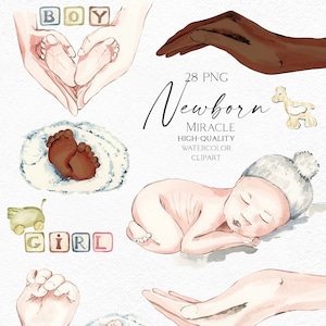 Imágenes prediseñadas de recién nacido, imágenes prediseñadas de familia, bebé de acuarela, imágenes prediseñadas de bebé negro para invitaciones de baby shower, regalos para recién nacidos DIY 081