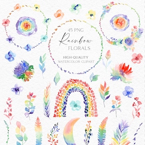 Boho arco-íris rosas clipart, elementos florais brilhantes, arco-íris png, flores azuis e rosa para chá de bebê, convites de casamento cartão 002