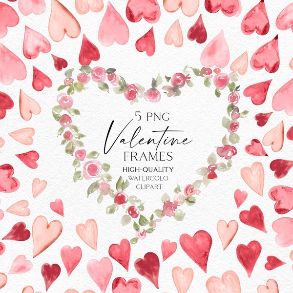 Pink heart clipart, Valentine frame png, Watercolor heart png, Love clipart for Valentine's Day DIY card 119