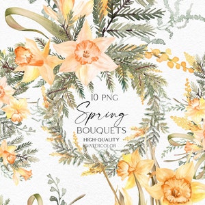 Clipart di bouquet di narcisi gialli ad acquerello. Fiore di nascita di marzo, Clipart di Pasqua con fiori di mimosa. Fiori primaverili gialli 118