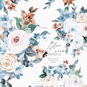 Watercolor blue roses clipart, Boho roses png for wedding invitations, baby shower, Rustic cream blue roses bouquets png 053