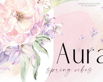 Clipart di fiori rosa ad acquerello, clipart di fiori primaverili, clipart botaniche viola polveroso per inviti di nozze, baby shower, logo 124