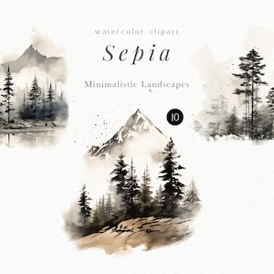 Aquarell Berglandschaft Clipart, minimalistische Waldlandschaft png für Poster, Schwarzweiße Bäume für Poster