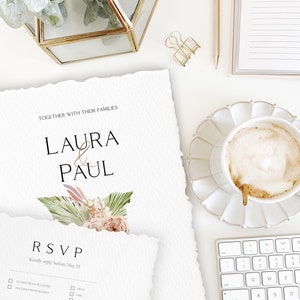 May include: A wedding invitation with a watercolor floral design in shades of pink and green. The invitation reads "Laura & Paul" and includes an RSVP card with a deadline of May 21.