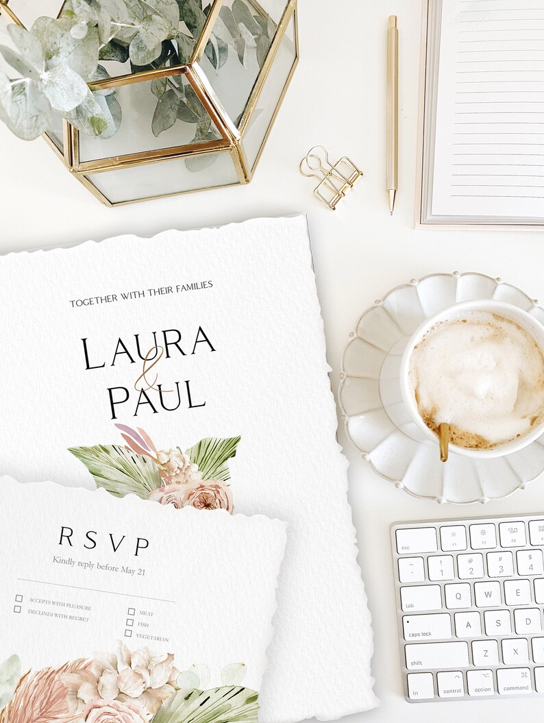 May include: A wedding invitation with a watercolor floral design in shades of pink and green. The invitation reads "Laura & Paul" and includes an RSVP card with a deadline of May 21.