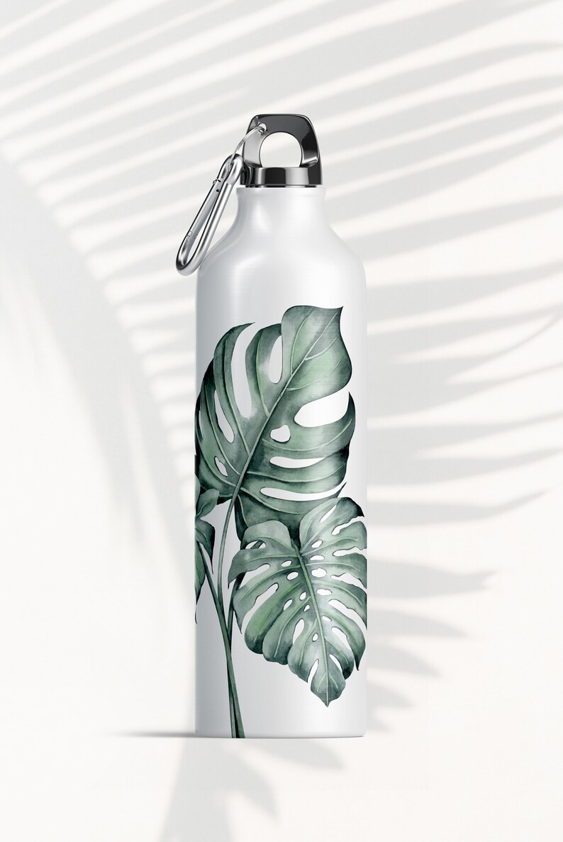 May include: White reusable water bottle with a silver lid and a carabiner clip. The bottle has a green and white tropical leaf design.