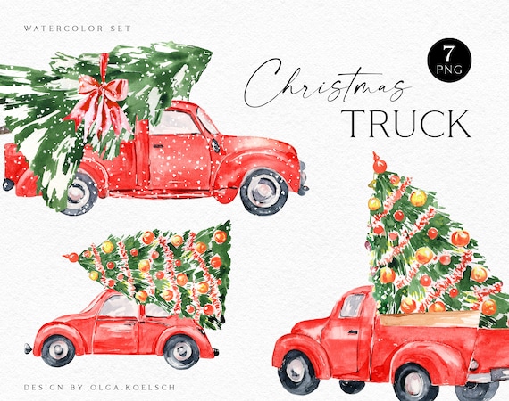 Watercolor Red Christmas Truck Clipart, Christmas Tree PNG (3000x3000 px)