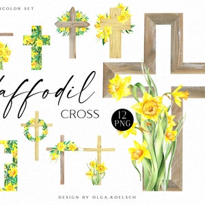 Aquarelle florale croix clipart, clipart religieux de Pâques, clipart jonquille jaune, croix de baptême 141