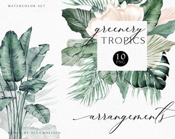 Boho tropical jungle leaves clipart, Hand drawn tropical borders png, Watercolor floral frames, white flowers and greenery clipart 012