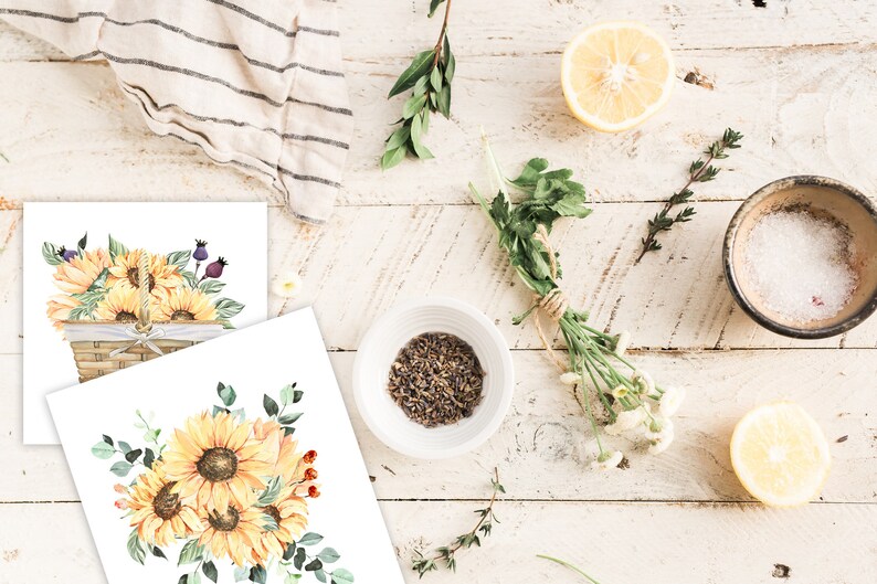 May include: Two watercolor illustrations of sunflowers in a basket and a bouquet. The illustrations are on white paper with a rustic wooden background.
