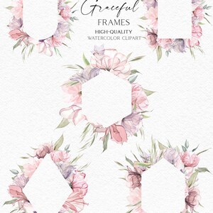 May include: Five watercolor floral frames in various shapes, including a circle, arch, hexagon, and diamond. The frames are made of pink and purple flowers with green leaves. The text "Graceful Frames" is written in cursive at the top of the image.