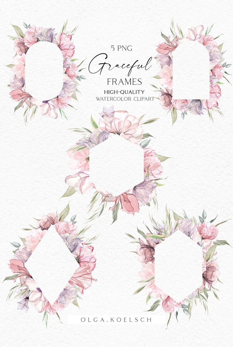 May include: Five watercolor floral frames in various shapes, including a circle, arch, hexagon, and diamond. The frames are made of pink and purple flowers with green leaves. The text "Graceful Frames" is written in cursive at the top of the image.