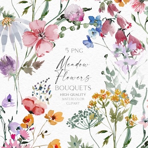 Clipart bouquet de fleurs sauvages peint à la main, arrangements de fleurs sauvages aquarelles png, fleurs de pavot pour faire-part de mariage 145