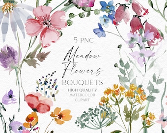 May include: Five watercolour illustrations of meadow flower bouquets. The bouquets feature a variety of flowers in shades of pink, purple, blue, yellow, and red. The flowers are arranged in a loose, natural style. The text "5 PNG Meadow Flowers Bouquets High-Quality Watercolour Clipart Olga.Koelsch" is visible at the bottom of the image.