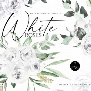 White boho roses bouquets clipart, Watercolor floral borders png, Wedding clipart with white roses and eucalyptus 019