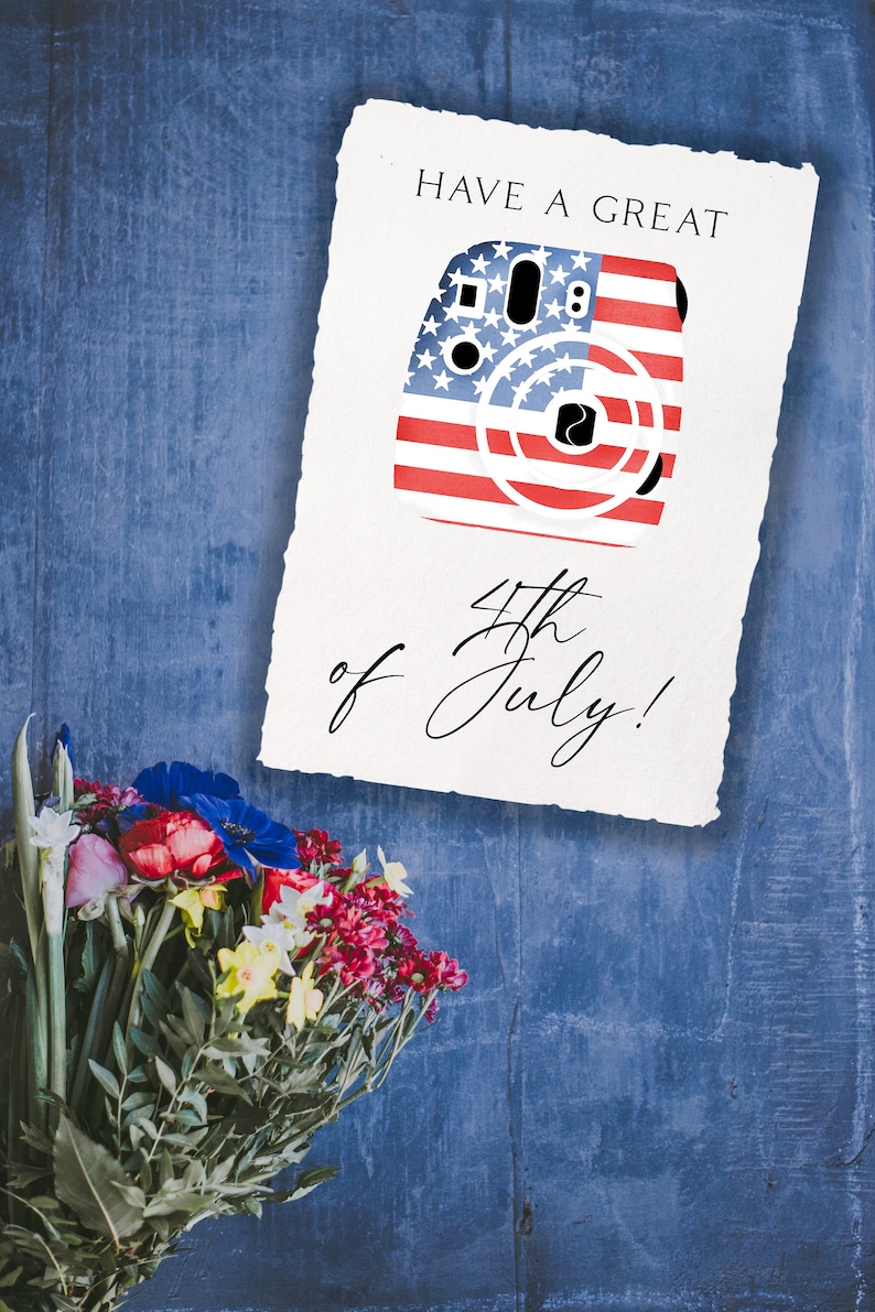 May include: A white card with the text "HAVE A GREAT 4th of July!" and a red, white, and blue camera with stars and stripes.